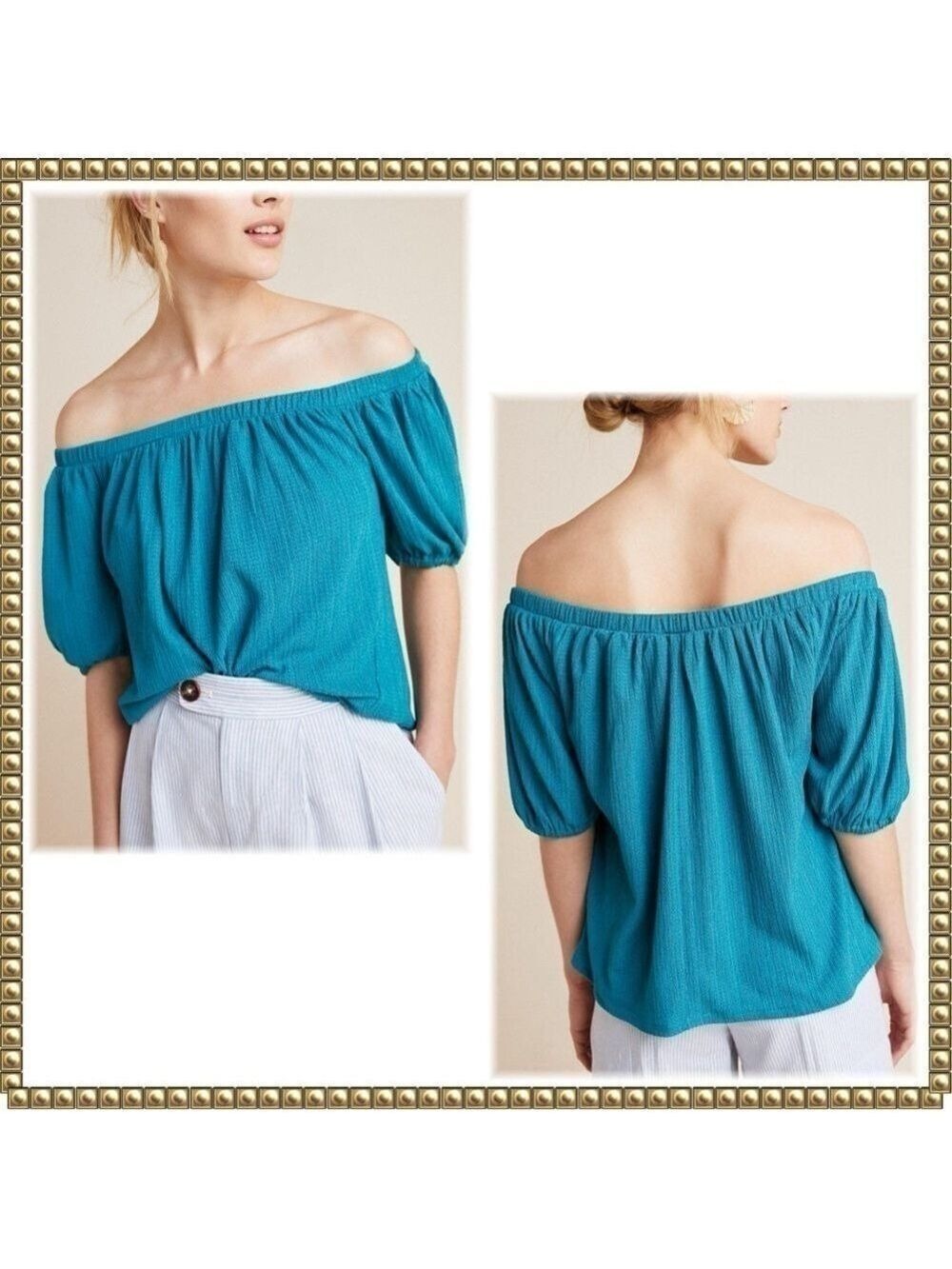 Anthropologie Elodie Turquoise Off Shoulder Puff Sleeve Top Large